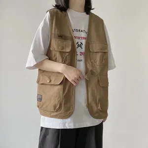<span class=keywords><strong>Gilet</strong></span> d'<span class=keywords><strong>été</strong></span> décontracté pour hommes Gilets multi-poches Vintage Streetwear Male Sleeveless Coats Zipper Buttons Cargo Jackets Unisex - Product Image 1