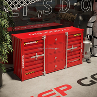 Credenza Industrial Vintage de Hierro con Estampado de Advertencia Rojo Brillante, Armario de Almacenamiento con Cerradura, Ecológico, para Garaje o Cafetería
