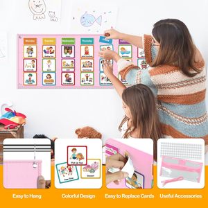 Tablero de horarios visual para niños, tabla de rutina diaria con tarjetas magnéticas y almacenamiento en bolsillo, herramienta de gestión del tiempo tamaño A4 rosa - Product Image 6