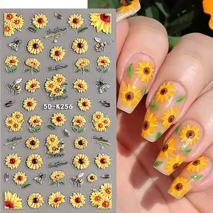 5D Girassol Prego Adesivos Outono Design Floral Borboleta Abelha Decalque Auto-adesivo Em Relevo Sliders Manicure Decoração