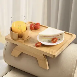 Bandeja de bambú para sofá, mesa con Clip en la mesa auxiliar para sofás anchos, brazo, bandeja plegable para sofá, bandeja para reposabrazos con portavasos