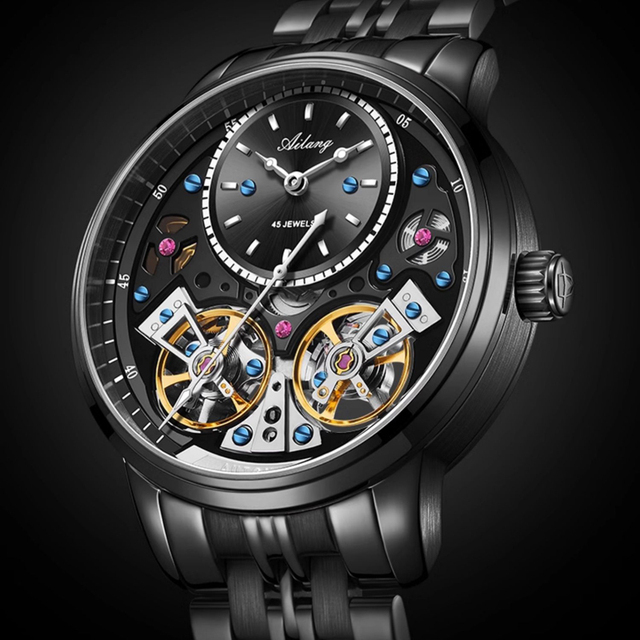 AILANG Brand New Luxury Double Tourbillon Watch Men Stainless Steel Strap Luminous Waterproof Fashion Mechanical Watch