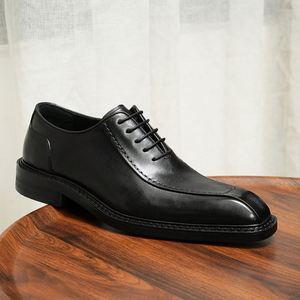 Men's Brown Genuine Leather Business Formal Shoes <b>Pointed</b>-Toe Slip-On Closure Anti-Slip Lightweight Breathable Rubber Outsole - Product Image 5