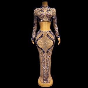 Sexy strass <span class=keywords><strong>blu</strong></span> argento cristalli matrimonio compleanno maniche lunghe cantante ballerina Set di due pezzi - Product Image 4