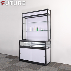 Custom wooden wall cosmetic shop shelves showcase display cabinet and makeup display wall storage shelf showcase with led light
