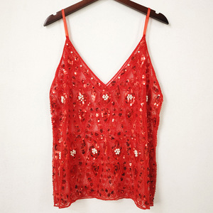 Camisola de Verano con Lentejuelas y Cuentas, Sexy, Entallada, Corta, con Cuello en V, Chaleco Elegante para <span class=keywords><strong>Mujer</strong></span>, Tejido Dobby, Poliéster, Patrón Geométrico - Product Image 4