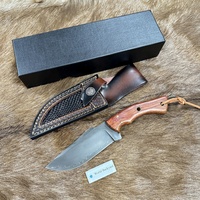 Couteau tactique de chasse à lame fixe avec revêtement en titane, acier laminé à 3 couches, manche en bois, couteau d'extérieur avec étui en cuir