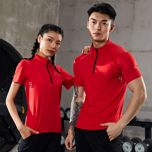 T-shirt sportiva unisex a mezza zip a manica corta in maglia stampata a trasferimento termico, in poliestere ed elastan 220g, ad asciugatura rapida, ideale per palestra e corsa - Product Image 2