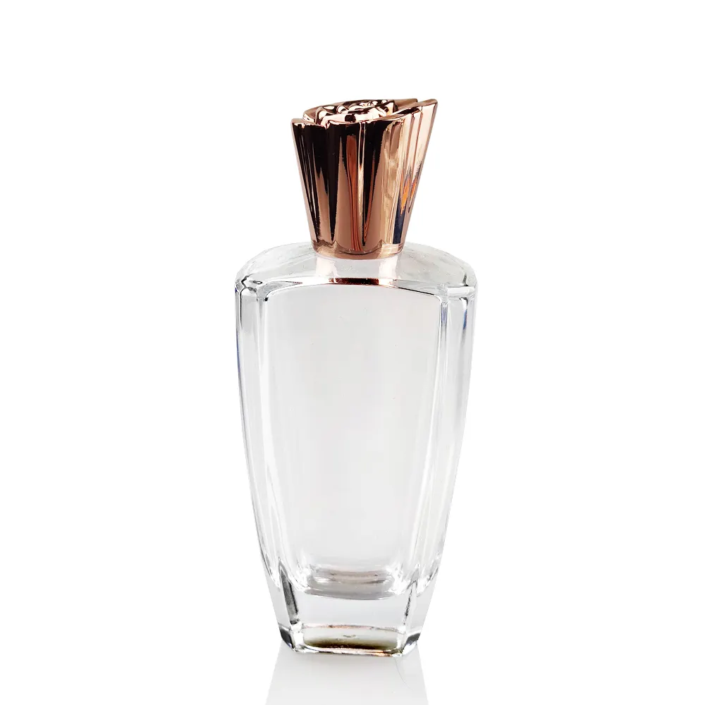 Bouteille de parfum en verre de forme spéciale de style de luxe de dubaï et bouteille de parfum antique fantaisie à dessus de rose avec capuchon de fleur