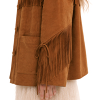 Veste Western Femme Personnalisée Effet Daim Marron avec Franges, Col Chemise, Boutons Cachés et Poches Plaquées – Vente en Gros OEM ODM
