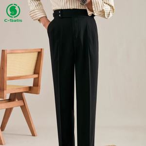 Pantalons de costume pour homme, style Napolitain, personnalisés, pour l'hiver, taille haute avec boucle, coupe droite et ajustée, formel, décontracté, pour affaires - Product Image 2