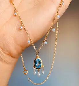 Zooying blue topaz seed pearls 14k gold December birthstone gemstone wedding necklace