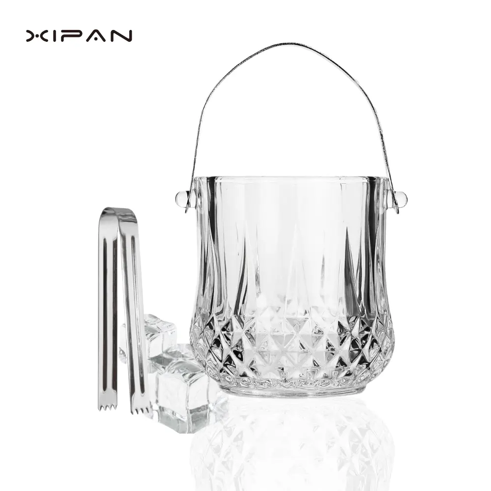 Crystal Wine Cooler Champagne bucket Home Glass Ice Bucket with Handle and SS Tongs Clear Crystal Glass ice bucket
