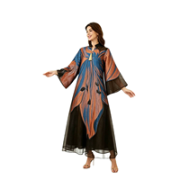 Robe élégante à col montant, imprimé graphique, en polyester respirant, avec empiècements en maille, manches larges, coupe ample, longueur cheville, pour femmes arabes