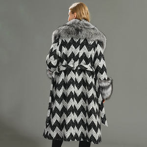 عالية الجودة النساء الصوفية معطف فاخر الثعلب الفضي طوق الفراء الصوف تغطية المرأة الاحزمة الطويلة الصوفية معطف - Product Image 5