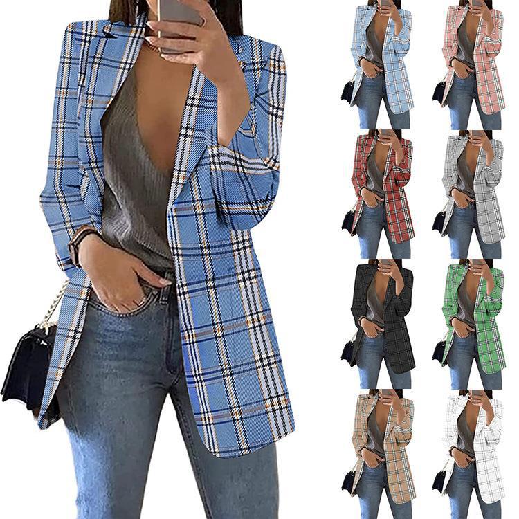 Fashion Woman Plaid Blazer Top Spring Autumn Long Sleeve Lapel Suit Coat Plus Size Office Lady Slim Casual Cardigan Coats