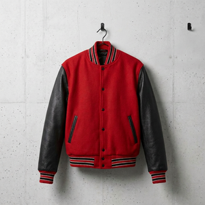 Veste universitaire rouge pour homme avec manches en cuir noir, col rabattu, fermeture à boutons, vêtement décontracté pour l'automne - Product Image 1