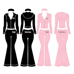 Completi da donna personalizzati da allenamento estivi a 2 pezzi <span class=keywords><strong>giacca</strong></span> con Zip a manica lunga pantaloni svasati a maglia stile Casual a tinta unita - Product Image 1