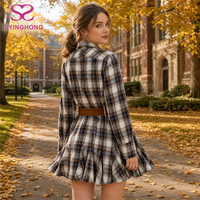 Robe chemise mini à carreaux pour femme, sur mesure, à manches longues, col cranté, taille ceinturée, ourlet à volants, style automne urbain
