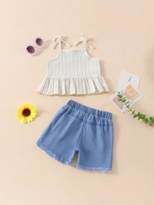 Foreign Trade Children's Clothing Spring and Autumn Ethnic Style Girls <b>Suspender</b> Embroidered Top Denim Shorts <b>Set</b> - Product Image 6