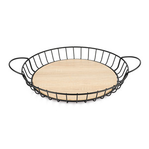 Cestino rotondo in filo metallico con base in legno per la conservazione della frutta, cestini portaoggetti da cucina, design minimalista, in ferro, a un solo livello - Product Image 1