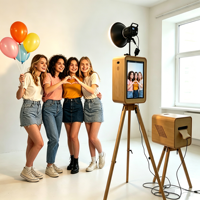 Professionele retro houten fotohokje met dubbele touchscreen, vintage houten selfie-kiosk, DSLR camera, iPad, direct printen