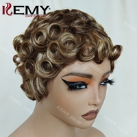Perruque Kemy Hair très populaire pour coupe pixie, sans colle, fabriquée à la machine, courte et bouclée avec frange pour femmes noires