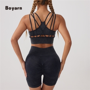 Boyarn Seamless Yoga 4 piezas Conjunto de mujer Fitness acanalado de manga larga Top Set Deportes Cintura alta Push up Knit Traje de yoga femenino - Product Image 6
