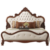 Lit double en bois massif et cuir, style antique américain, avec sculptures artisanales B442