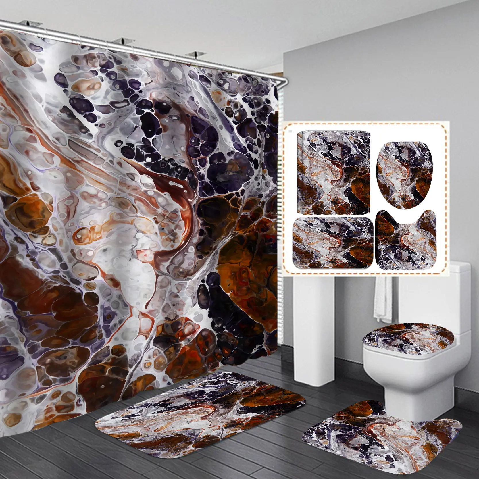 Marble Ink Textured Bathroom Mats Set 4pcs Design Toilet Lid Rug Custom Waterproof Fabric Print Bath Mat Set Shower Curtain Set