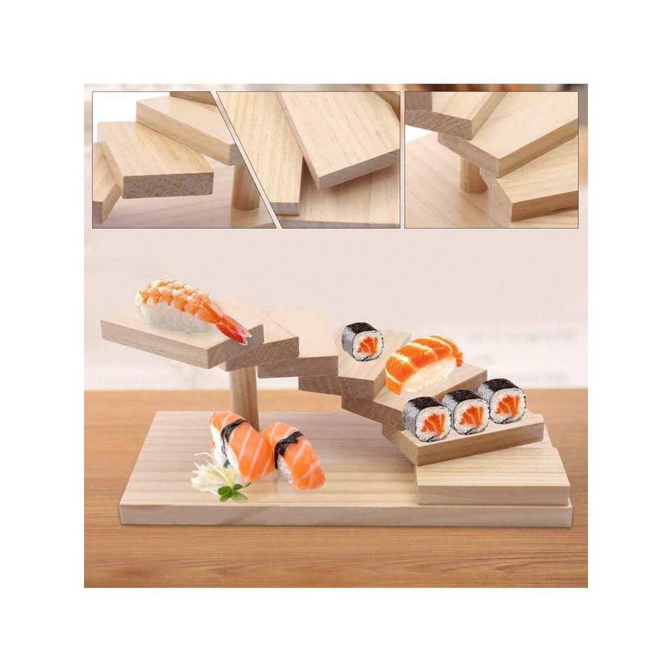 Hotpot Restaurant Serving Tray 7-Step Staircase Style Japanese Sushi Rack Display Stand Seven-Tier Wooden Tray for Dish Serving
