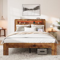 Cadre de lit plateforme en bois moderne avec rangement, tête de lit avec éclairage LED, 2 ports USB, aucun sommier requis, montage facile, taille King/Queen