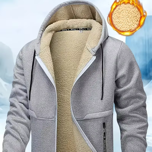 Dropshipping chaqueta con capucha informal de lana con cremallera para hombre, 100% poliéster, manga larga, ajuste regular, color sólido, tela de punto - Product Image 1