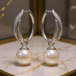 Orecchini a Cerchio in Oro Bianco con Perle, Argento 925 Placcato Rodio, Perle Coltivate AAA Rotonde, Gioielli Classici da Donna per Matrimonio - Product Image 2