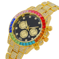 Jam Tangan Gaya Baru Perdagangan Luar Negeri Terlaris Tiga Jarum Mode Berlian Warna-Warni Kalender Dial Hitam Full Berlian Mesin Quartz