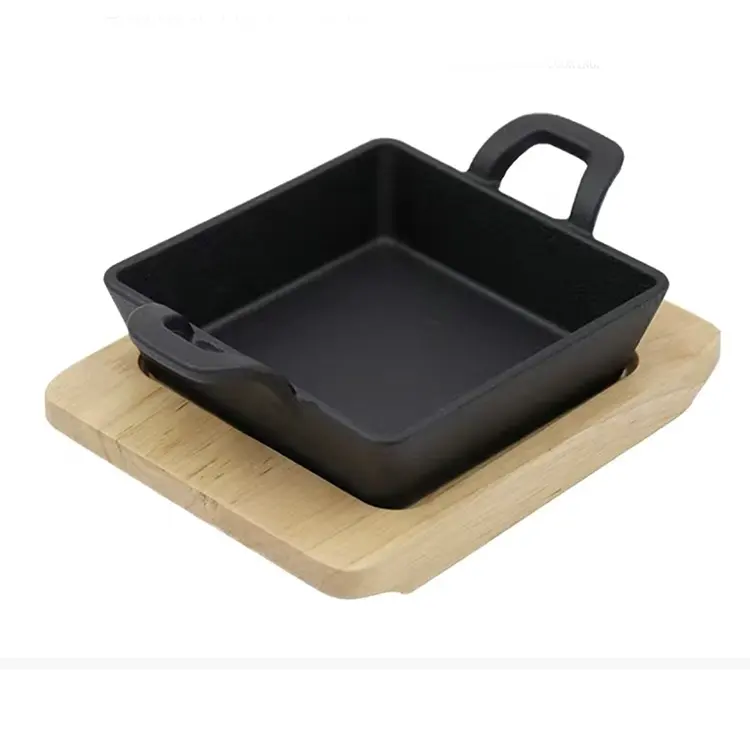 Mini Cast Iron Fajita Set Square Hot Skillet Plate Set Fry Pan Sizzling Steak Pan With Wooden Base
