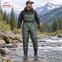 Salopette de pêche Senshuo en PVC vert olive, imperméable, avec bottes intégrées et protections de genoux, sangles réglables pour la pêche en ruisseau