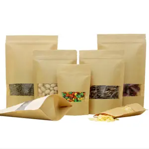 Ready to Ship High Quality Brown Kraft Paper Snack Cashew Nut Sugar Stand Up Ziplock Zip Food Packaging Pouch With Clear Window