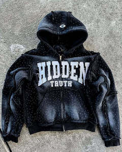 Sudadera con capucha para hombre con cremallera, bordado de apliques de moda, pedrería y lavado ácido, de alta calidad, personalizada, venta al por mayor OEM y ODM - Product Image 1