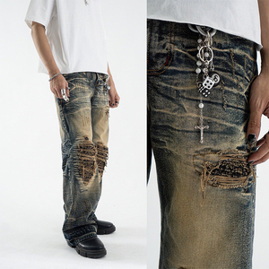 DiZNEW Jeans baggy américain personnalisé délavé Jeans vintage abîmés pour hommes - Product Image 5