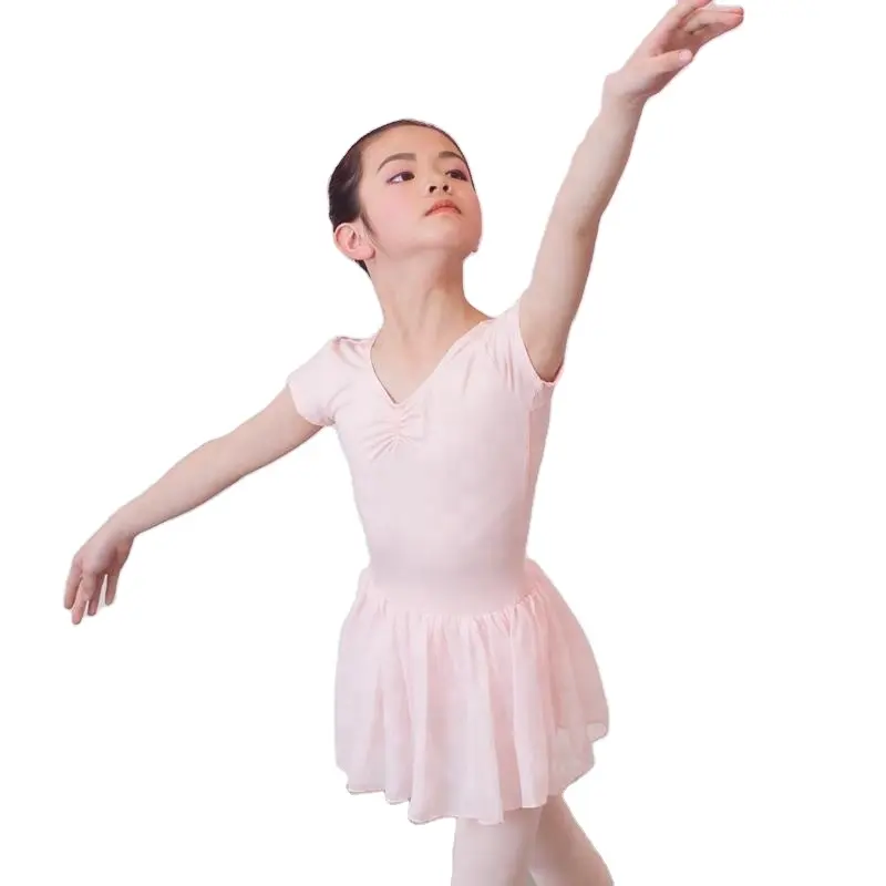 Wholesaler JW Girls training dancewear short sleeve dance leotard with skirt for child kind
