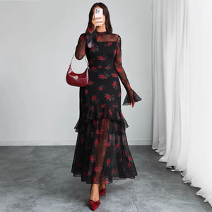 Nuovo <span class=keywords><strong>Abito</strong></span> <span class=keywords><strong>Lungo</strong></span> da Donna Stile Europeo e Americano, <span class=keywords><strong>Nero</strong></span> con Stampe Floreali, Maniche a Volant, per Primavera e Resort - Product Image 4