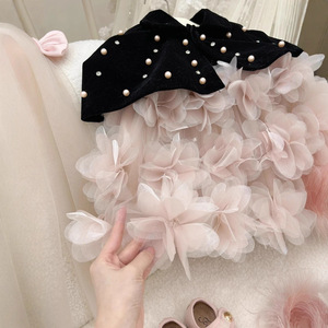 Tongxingyuan Flower Girl Dress Set Black Velvet Cape With Pearls And Pink Tulle Skirt High Neck Princess Style - Product Image 4
