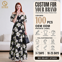 Robe midi à imprimé floral, épaules dénudées, en soie crêpe respirante, impression numérique, lavable, infroissable, taille XL, fermeture éclair, OEM/ODM