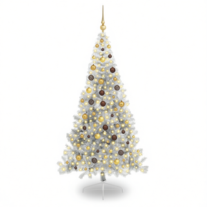 Sapin de Noël artificiel pré-éclairé argenté de 82,7 pouces en matériau PET, LED blanc chaud, base autoportante pour intérieur avec décorations et ornements - Product Image 1