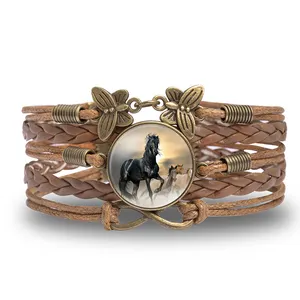 Vintage Stallion Horse Leather Bracelet Bronze Plated Glass Cabochon Butterfly Bracelet Jewellery Gift For Men Women