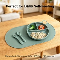 Ensemble d'alimentation pour bébé en silicone de qualité alimentaire, couleur personnalisée OEM, sans BPA, vaisselle pour tout-petits avec assiette à ventouse divisée, tapis de table, fourchette et cuillère