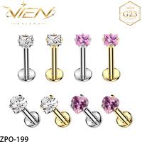 VIEN Jewellery ZPO-199 Bijoux de piercing personnalisés en Titane G23, Labret à dos plat avec Zircon Cubique (CZ) serti à griffes en forme de cœur et carré, pour Hélix et Tragus