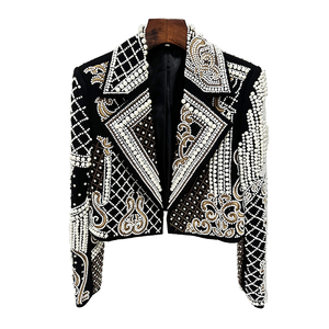 Veste courte décontractée réversible en PU tricoté pour femme, brodée, ornée de perles et de strass, collection automne, tendance - Product Image 1