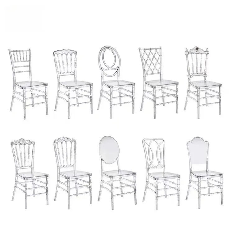 Venta al por mayor de resina de cristal acrílico silla para eventos Silla de comedor de plástico transparente para bodas y banquetes